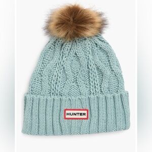 NWT Hunter Women's Logo Cable Knit Faux Fur Pompom Fleece Lined Beanie